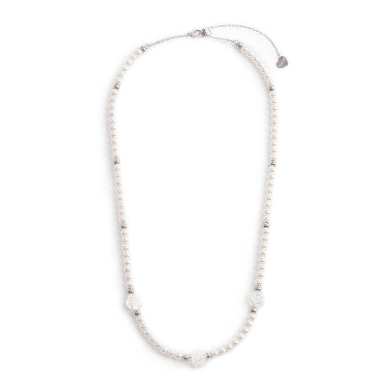 S.S. NECKLACE PEARL CHAIN WITH MOP ROSES SHAPE S.steel necklace with white round pearls 4/4,30 mm diameter, alternated  with pol