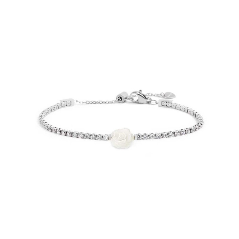 S.S. BR TENNIS CHAIN WITH MOP ROSE SHAPE S.steel bracelet with tennis chain 2,50 mm thickness with white cz stones 2,40/2,50 mm.