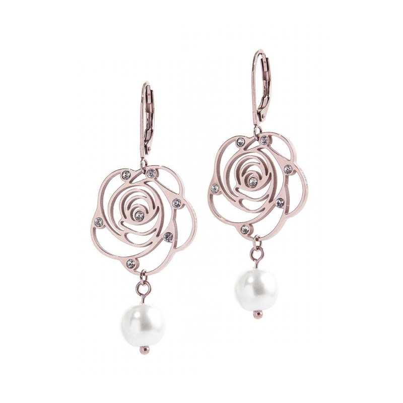 Orecchini rosa pendente con cristalli e perla