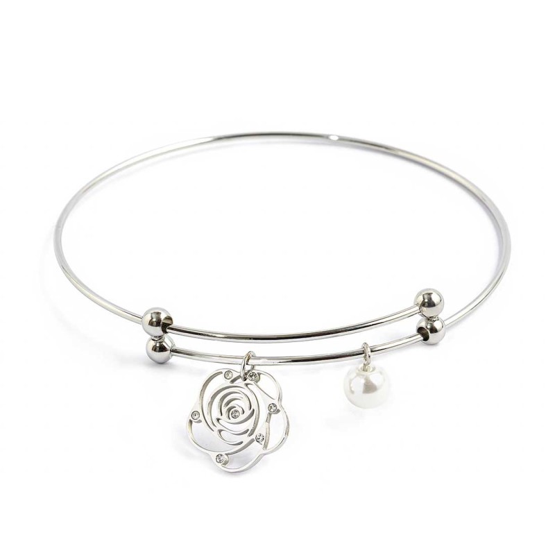 Bracciale rigido con rosa e perla pendente