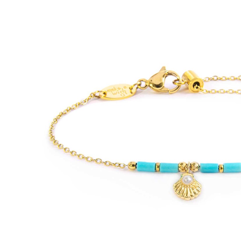 Bracciale conchiglia pendente con perla e perline a tubo turchesi