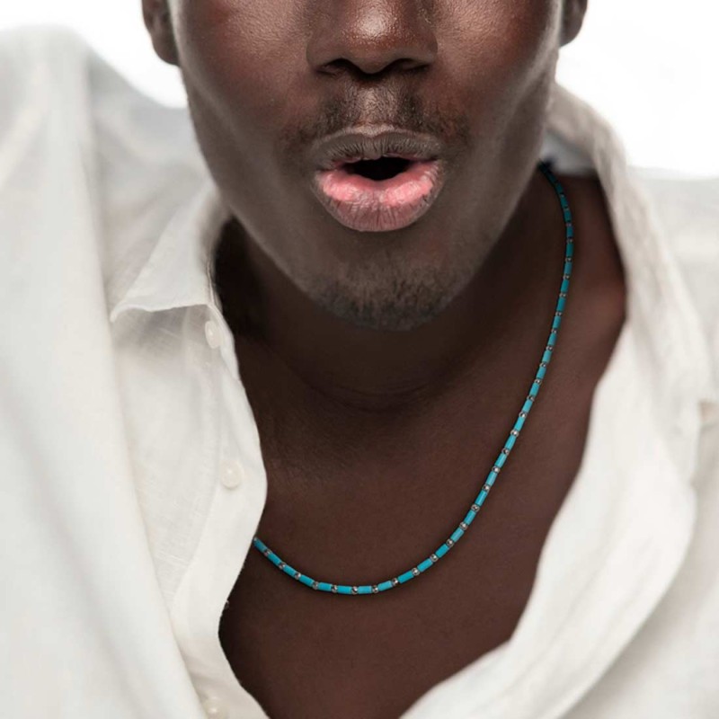 Collana con perline a tubo turchesi ed ematite