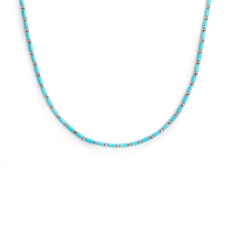 Collana con perline a tubo turchesi ed ematite