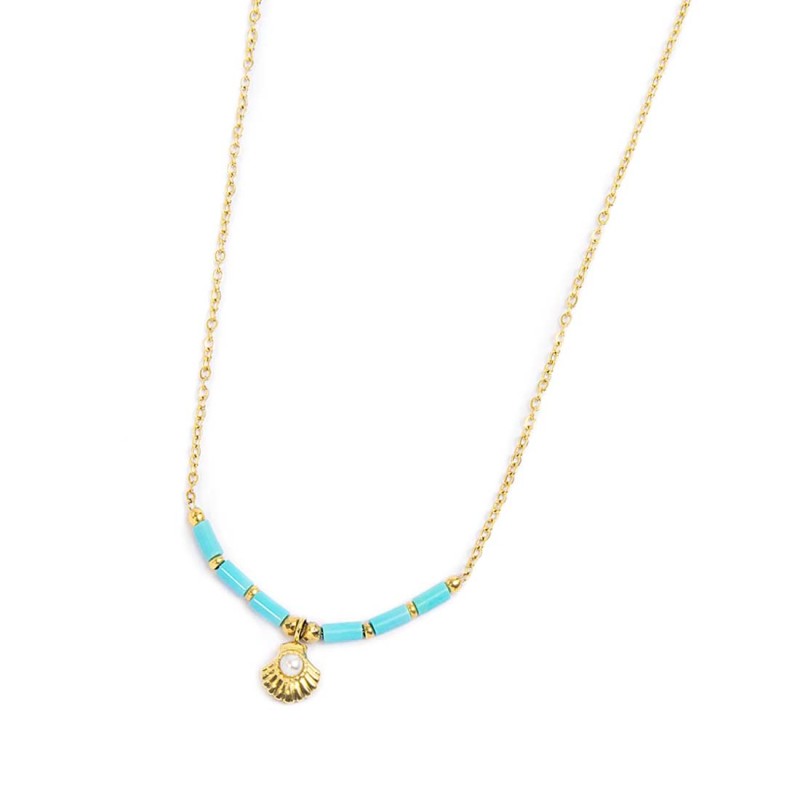 Collana conchiglia pendente con perla e perline a tubo turchesi