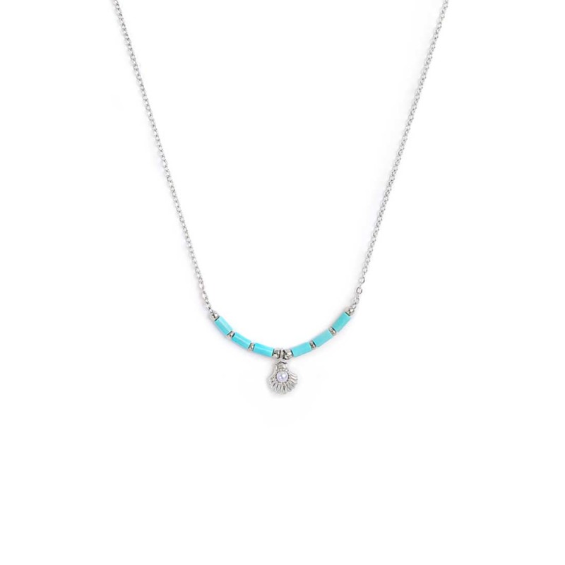 Collana conchiglia pendente con perla e perline a tubo turchesi