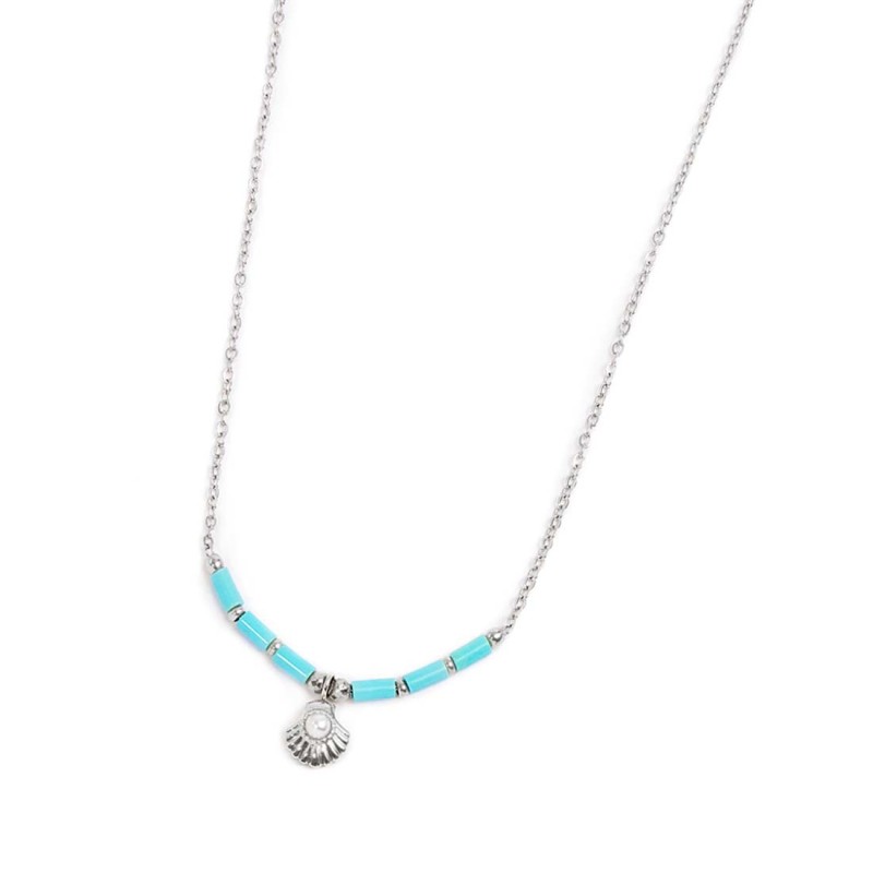 Collana conchiglia pendente con perla e perline a tubo turchesi