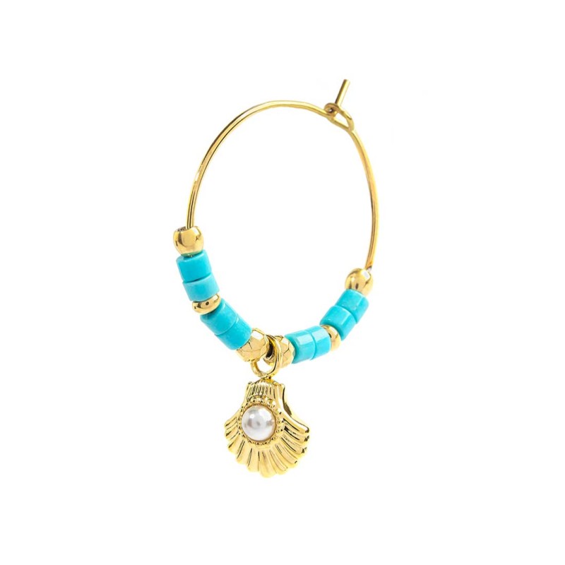 Orecchino a cerchio conchiglia con perla e perline turchesi