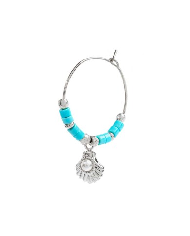 Orecchino a cerchio conchiglia con perla e perline turchesi