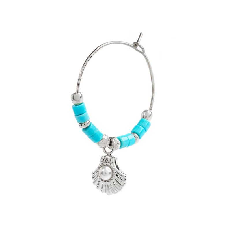 Orecchino a cerchio conchiglia con perla e perline turchesi