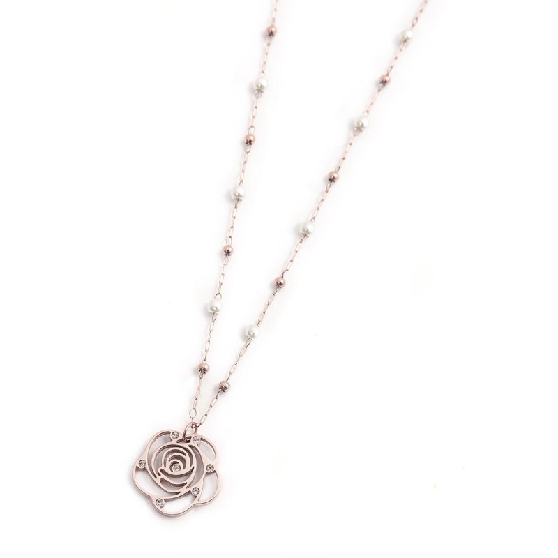 COLLANA CAT PERLE E SFERE CON PEND ROSA CON CRIST