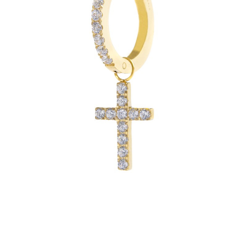 Orecchino a cerchio con zirconi con croce pendente con zirconi