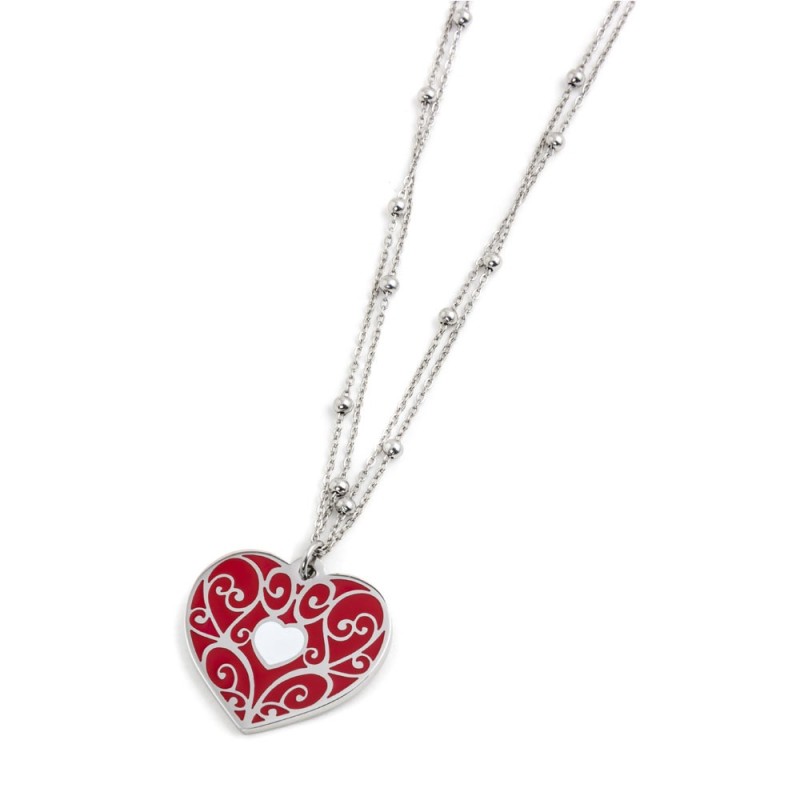 S.STEEL HEART NECKLACE DUOBLE CHAIN S.Steel 30 mm heart necklace with red and white enamel. Double "O"chain 1.5 mm thickness wit