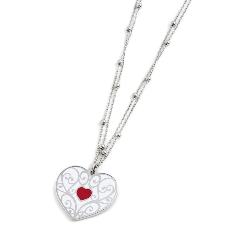 S.STEEL HEART NECKLACE DUOBLE CHAIN S.Steel 30 mm heart necklace with red and white enamel. Double "O"chain 1.5 mm thickness wit