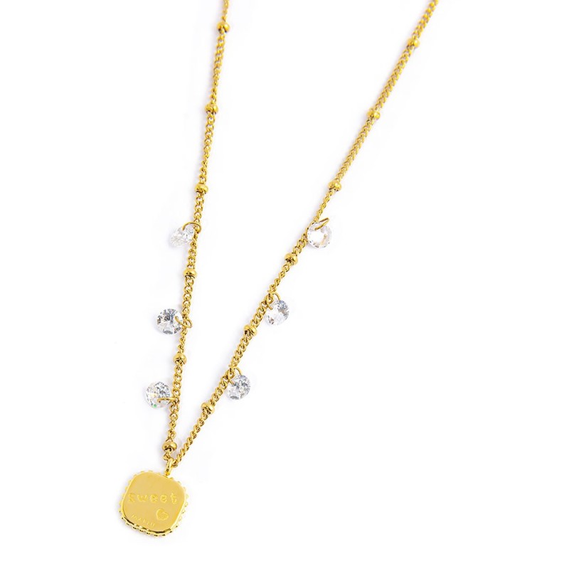 S.S GOLD IP NECKLACE WITH BALLS, CZ STONES AND SQUARED PEND S.steel gold ip necklace with market balls grumetta chain 1,40 mm wi