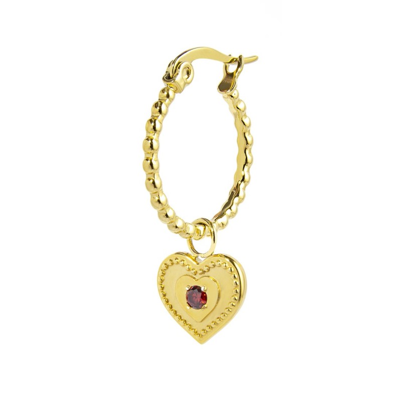 S.S.GOLD IP SINGLE ROUND EAR WITH HEART PENDANT S.steel gold ip single round earring with balls texture 16,30 mm diameter, 1,40