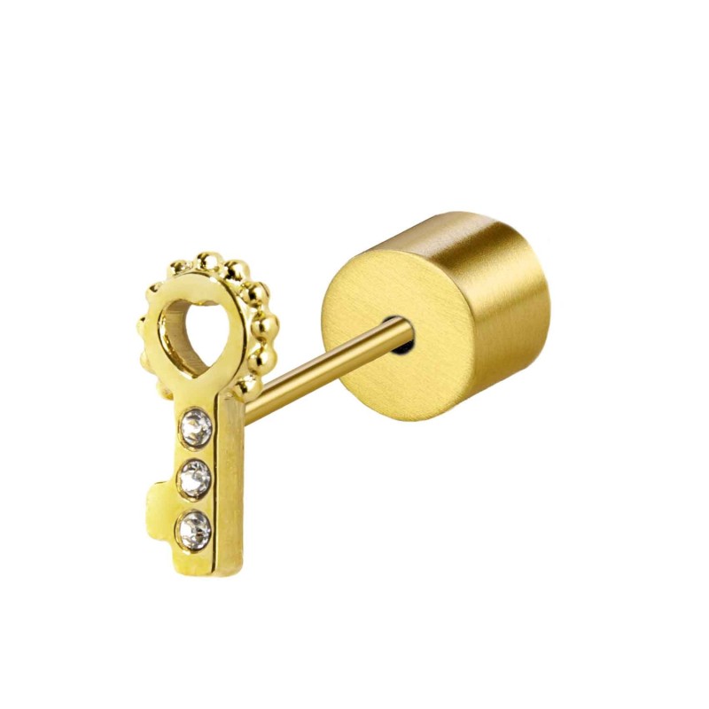 S.S.GOLD IP SINGLE EAR KEY WITH WHITE CRYSTALS S.steel gold ip single earring with key shape by stamping, 4,67*9,14 mm, 1,50 mm
