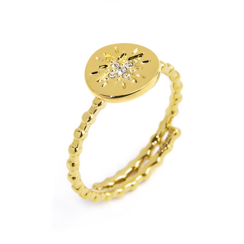 S.S GOLD IP RING WIND ROSE MEDAL WHITE CRYSTAL Polished s.steel gold ip ring with dots texuture by stamping, 1,50 mm width, 1,30