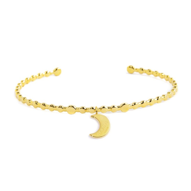 S.S.GOLD IP BALLS BANGLE WITH MOON PENDANT S.steel with gold ip bangle with balls texture by stamping, size 58,80*48 mm. On the