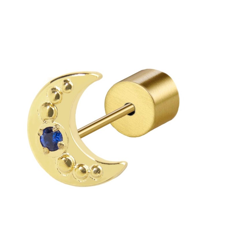 S.S. GOLD IP SINGLE EAR HEART WITH BLUE CZ STONE S.steel gold ip single earring with moon shape by stamping, size 7*7,42 mm, 1,9