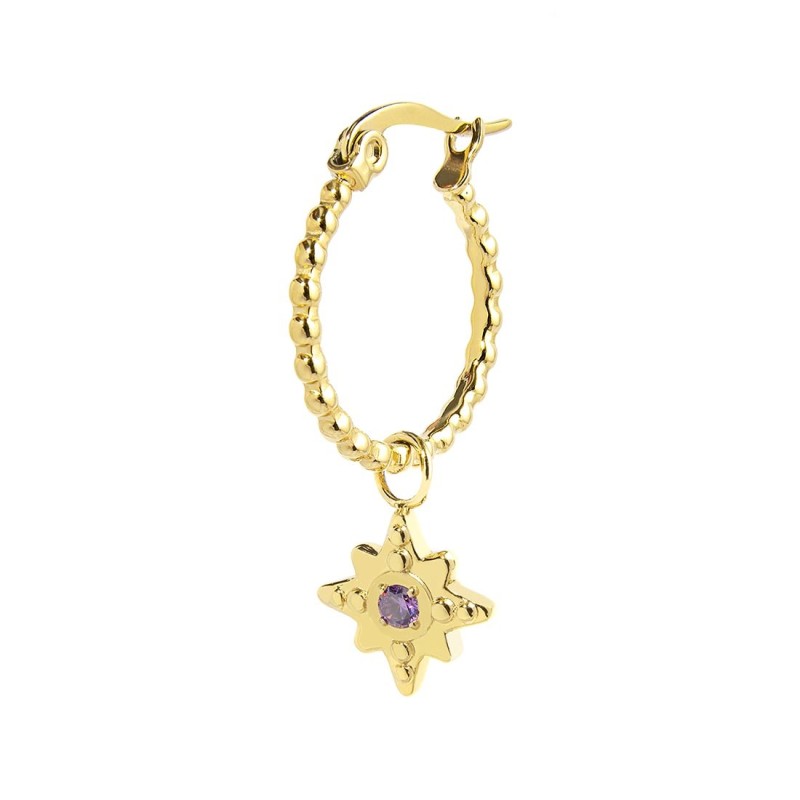 S.S.GOLD IP SINGLE ROUND EARRING WITH WIND ROSE PEND S.steel gold ip single round earring with balls texture 16,30 mm diameter,