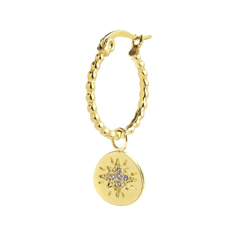 S.S.GOLD IP SINGLE ROUND EARRING WITH MEDAL PEND S.steel gold ip single round earring with balls texture, 16,30 mm diameter, 1,4