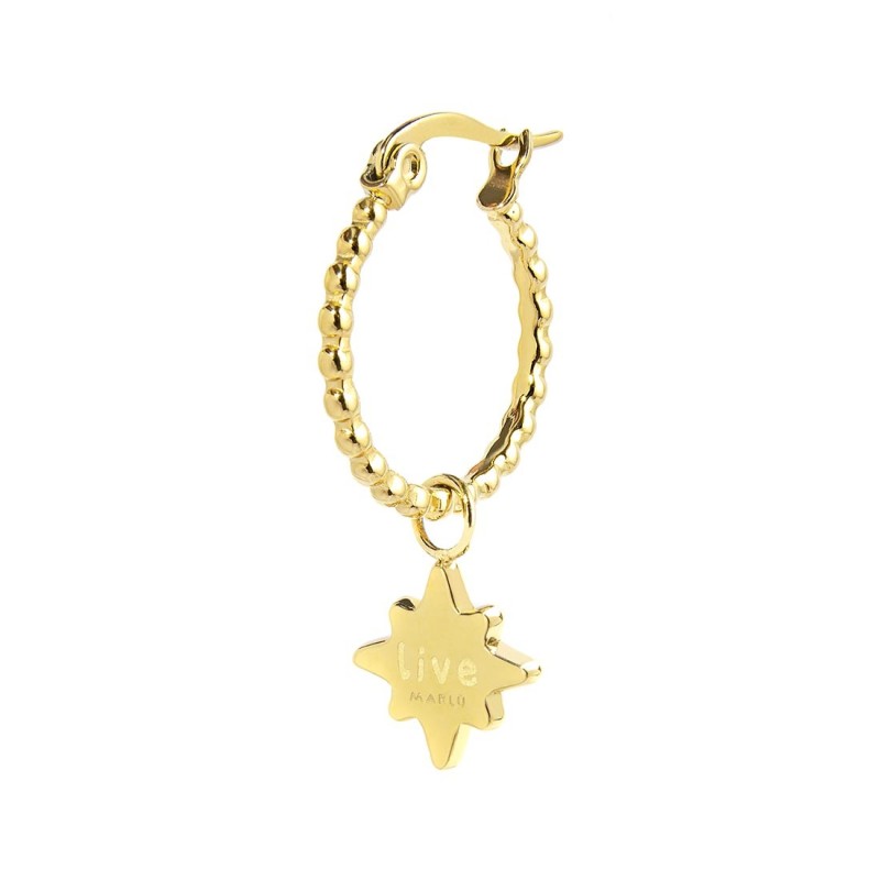 S.S.GOLD IP SINGLE ROUND EARRING WITH WIND ROSE PEND S.steel gold ip single round earring with balls texture 16,30 mm diameter,