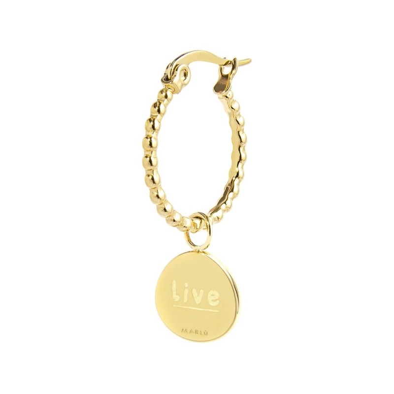 S.S.GOLD IP SINGLE ROUND EARRING WITH MEDAL PEND S.steel gold ip single round earring with balls texture, 16,30 mm diameter, 1,4