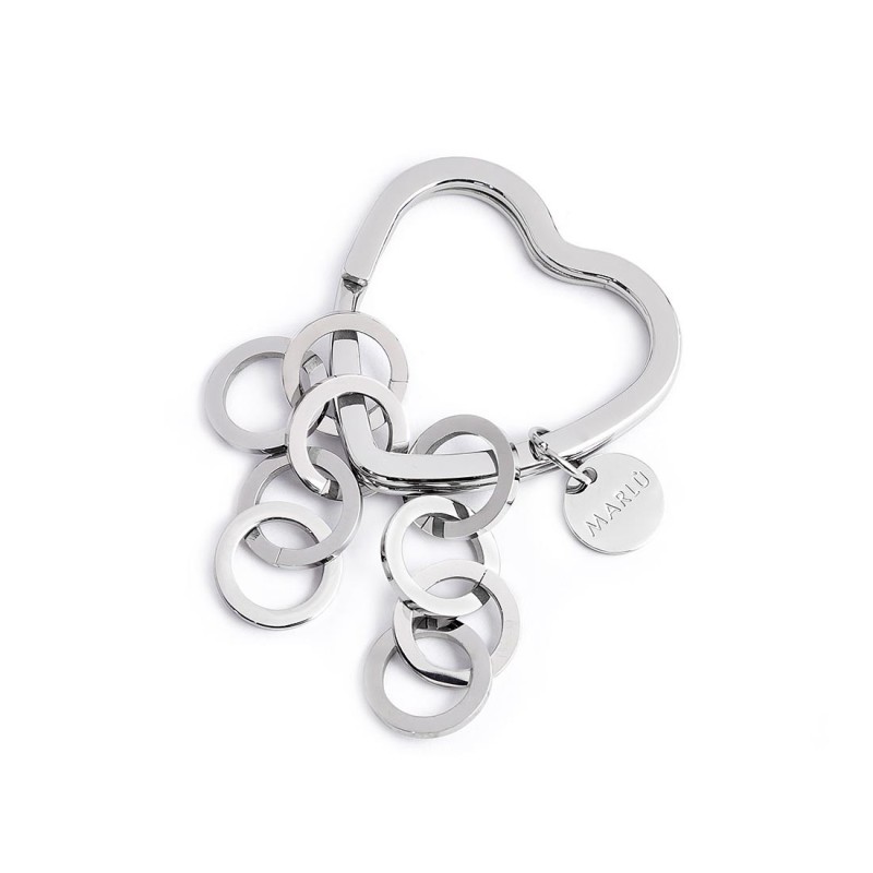 S.STEEL KEYRING HEART WITH RINGS CHAINS Polished s.steel keyring heart shape with 31*31,05 mm, 2,80 mm width, 3 mm thickness, wi