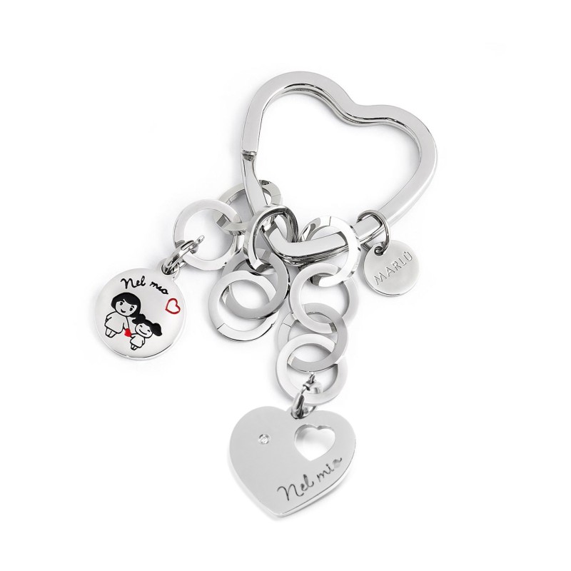 S.STEEL KEYRING HEART WITH RINGS CHAINS Polished s.steel keyring heart shape with 31*31,05 mm, 2,80 mm width, 3 mm thickness, wi