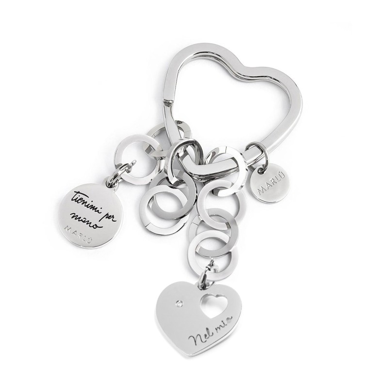 S.STEEL KEYRING HEART WITH RINGS CHAINS Polished s.steel keyring heart shape with 31*31,05 mm, 2,80 mm width, 3 mm thickness, wi