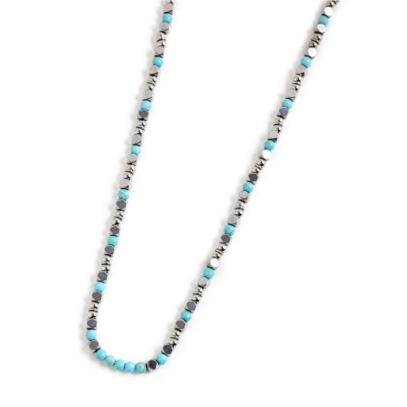 S.STEEL NECKLACE TURQUOISE STONE S.steel necklace with 4.40mm composite turquoise stone, 3.75mm hematite stone, 4.80mm and 4.00m