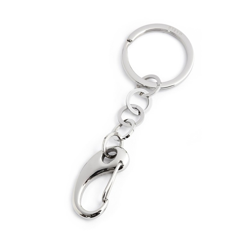 S.STEEL KEYRING 30MM WITH RING CHAIN AND LOCK Polished s.steel keyring 30 mm diameter, 2,70 mm width, 2,40 mm thickness, lasered