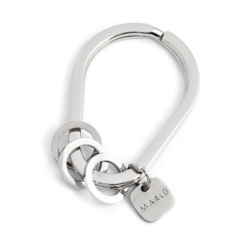S.STEEL DROP KEYRING WITH RINGS Polished s.steel drop keyring 27,60*39,60 mm, 3 mm width 3,10 mm thickness, lasered MarlÃ¹ logo