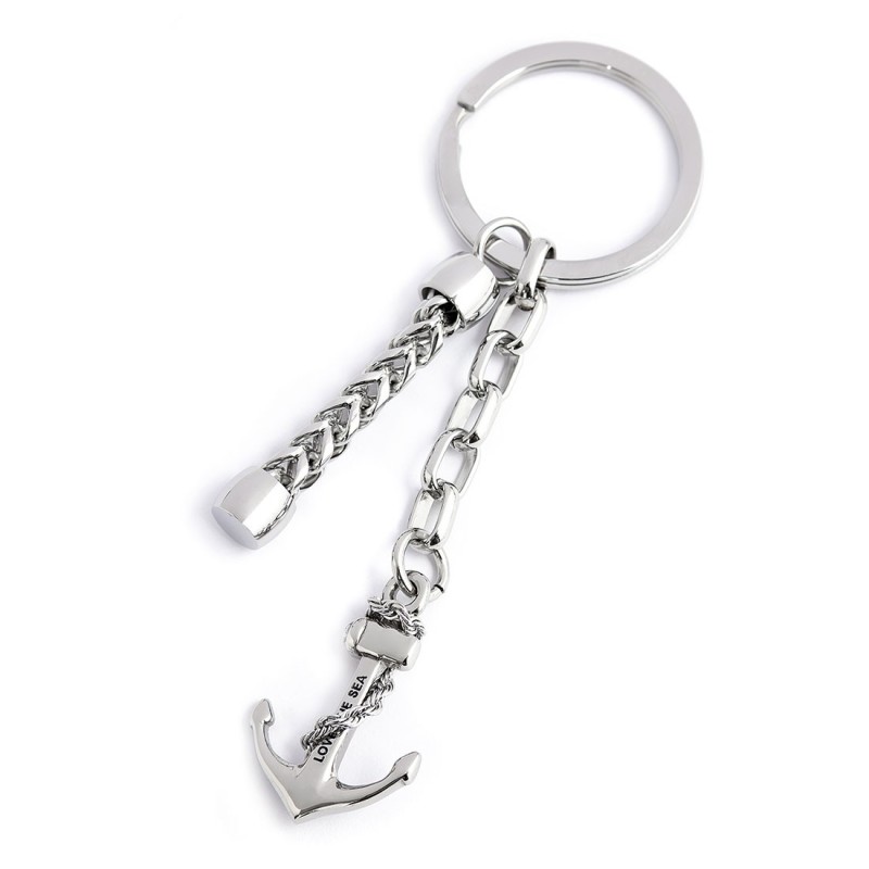 S.S.KEYRING 30MM WITH FISHBONE CHAIN, SQUARED CHAIN AND ANCHOR PEND Polished s.steel keyring 30 mm diameter, 2,70 mm width, 2,40