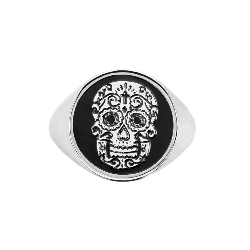 S.STEEL ROUND PLATE WITH MEXICAN SKULL Polished s.steel round plate 16,20 mm diameter, 1 mm thickness with on the front side mex