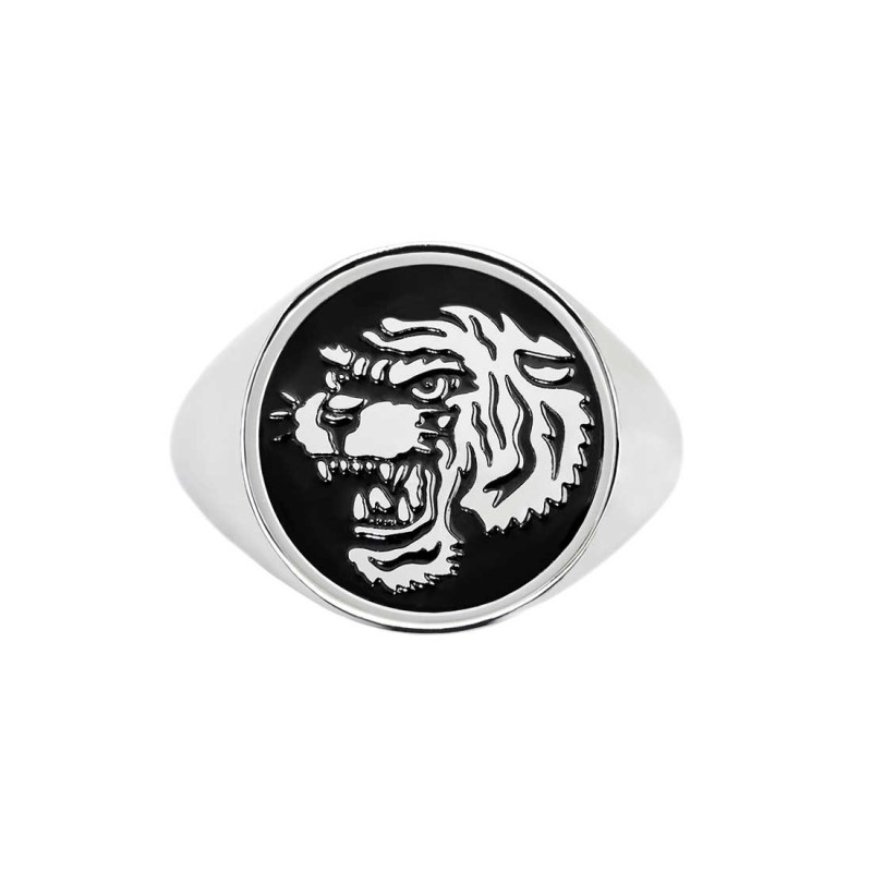 S.STEEL ROUND PLATE WITH TIGER Polished s.steel round plate 16,20 mm diameter, 1 mm thickness with on the front side in the midd