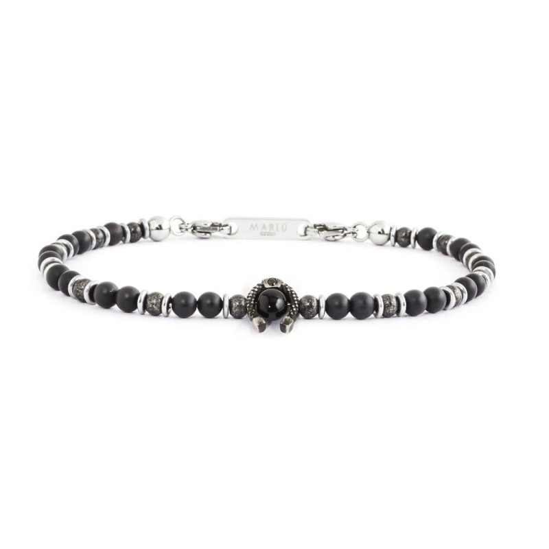 BURNISHED BRACELET WITH HORSESHOE Steel bracelet with burnished elements, black onyx and central studded horseshoe with black cz