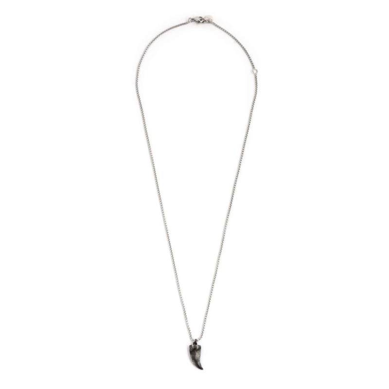 STEEL NECKLACE WITH BUGNED HORN Burnished steel necklace 3mm with rusticated sword and black cz stone. Length 45+5 cm of extensi