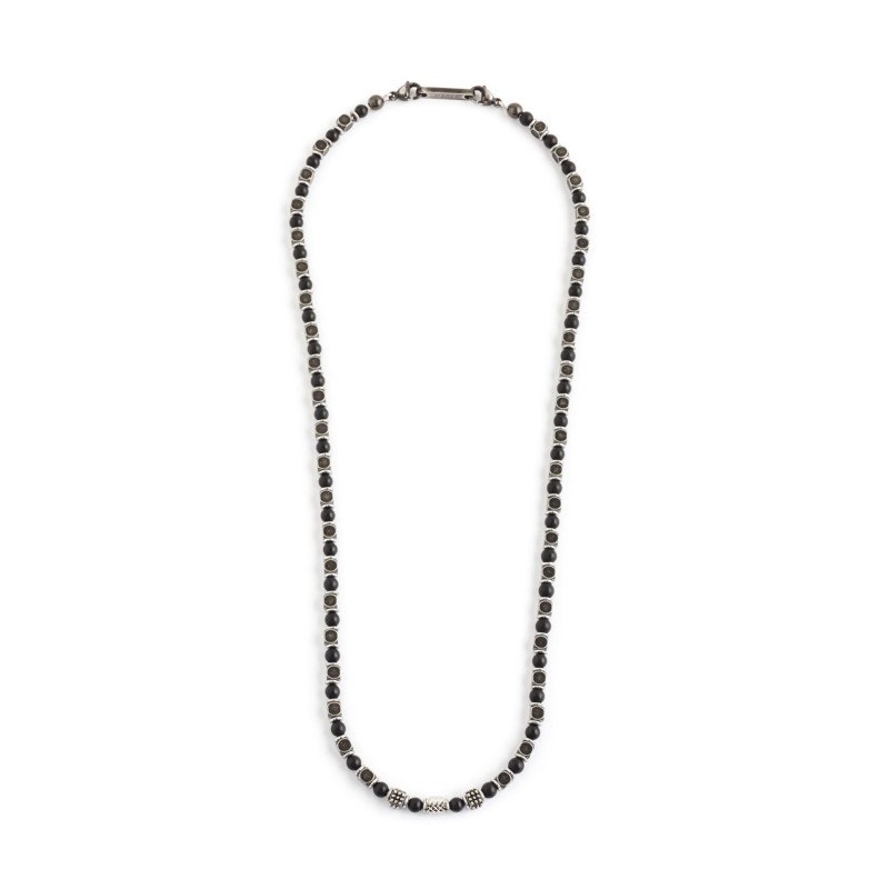 BURNISHED NECKLACE ELEMENTS AND AGATE Burnished steel necklace with burnished spheres and black agate. Length 50/52 cm adjustabl