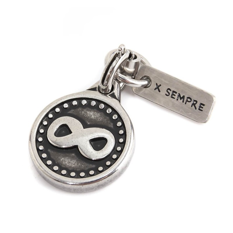BURNISHED STEEL INFINITE CHARM Burnished steel charm with infinity, diameter 13 mm and total height16 with rectangular tag with