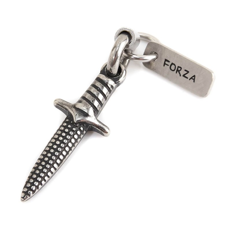BUGNATO SWORD CHARM Burnished steel charm in a bugnato sword shape and rectangular tag with the word "Forza"Man Class 27 Colle