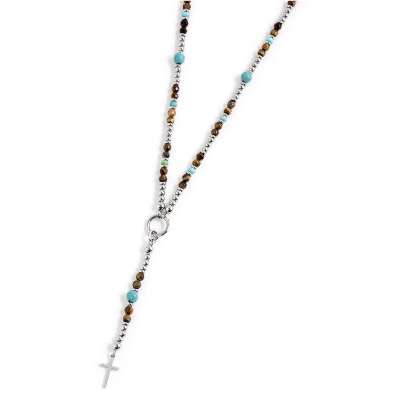 S.STEEL Y NECKLACE BROWN AND TURQUOISE S.steel "Y" necklace with 4.10mm faceted tiger eye stone, 4.40mm and 6.00mm composite tur