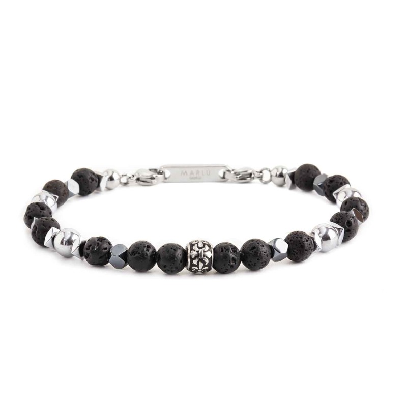 BR LAVA STONE AND HEMATITE BEADS S.steel polished bracelet on center with s.steel element with black oil texture 7.30*5.30 mm, a