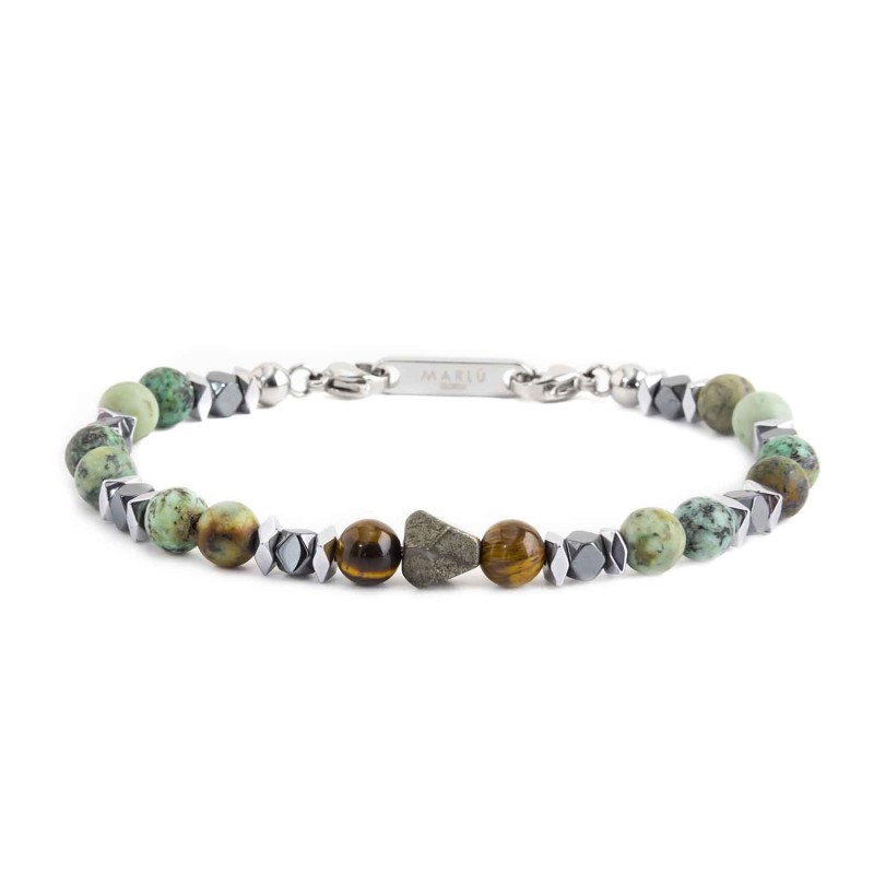 BR AFRICAN TURQUOISE AND HEMATITE BEADS S.steel polished bracelet on center with octagonal pyrite 7*6.30 mm, alternate african t