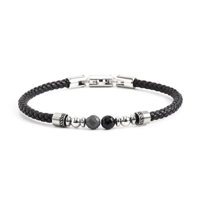 BR BLACK LEATHER WITH HEMATITE BALLS Bracelet s.steel and black ecoleather scubidou 4 mm, on the center hematite faceted balls b