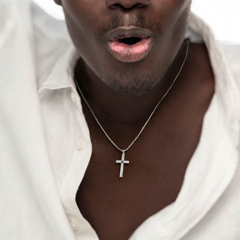 S.STEEL NECKLACE WITH CROSS PENDANT WITH CZ STONE S.steel necklace with box rounded chain, 1,20 mm thickness, with cross pendant