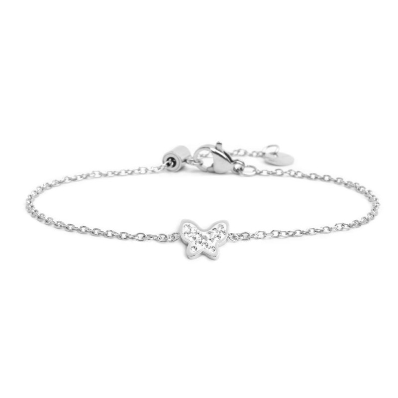 S.STEEL BUTTERFLY BRACELET WITH CRYSTALS TOTAL LENGTH: 19CMWITH 6MM DOUBLE SIDES LOGO TAG 7.0*8.5MM BUTTERFLY WITH CLAY AND RHI