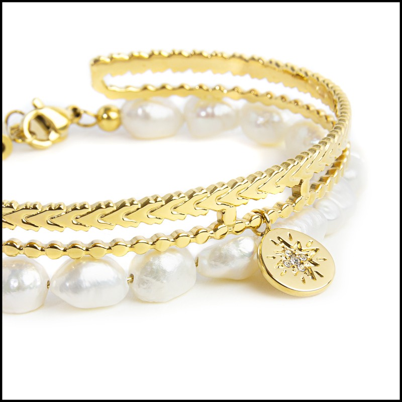 Bracciale perle di fiume masticate e bracciale rigido rosa dei venti