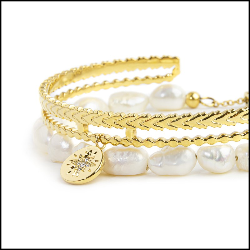 Bracciale perle di fiume masticate e bracciale rigido rosa dei venti