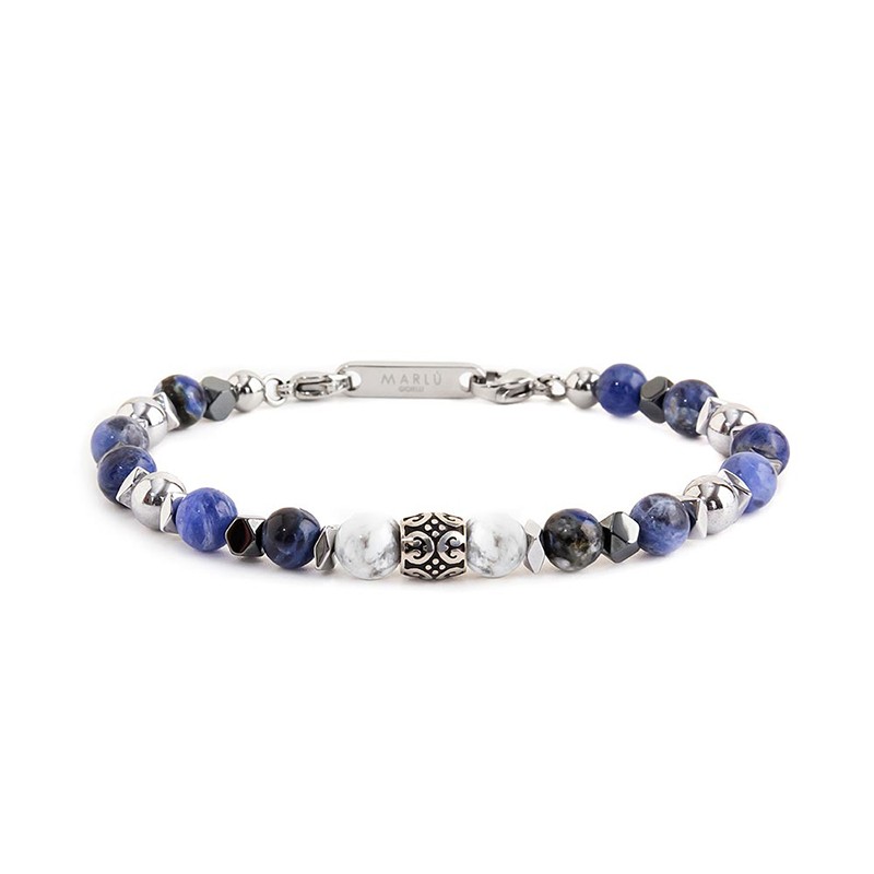 BR SODALITE AND HEMATITE BALLS STONE S.steel polished bracelet on center with s.steel cylinder with black oil texture 7*6.90 mm,